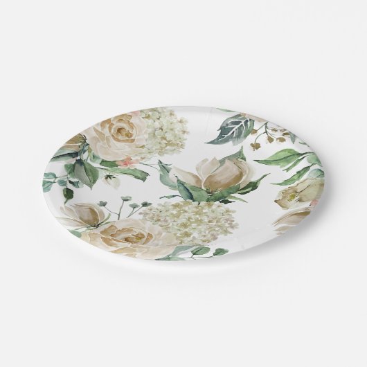 Creme Rose Hydrangea Beige Wasserfarbe Pappteller (Schrägansicht)