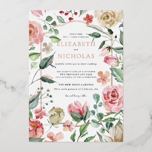 Crème & Rose | Romantische Frühlingsflorale Hochze Folieneinladung (Vorderseite)