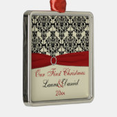 Creme, Rot und Schwarz-Damast-Hochzeits-Andenken Ornament Aus Metall (Rechts)