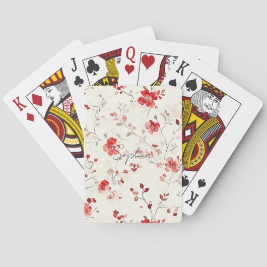 Creme Rote Blumen Spielkarten (Rückseite)