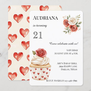 Creme Rote Rose Cupcake Hearts Floral Geburtstag Einladung