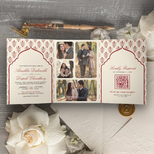 Creme Rotes Ikat All in One Indische Hochzeit Dreifach Gefaltete Einladung