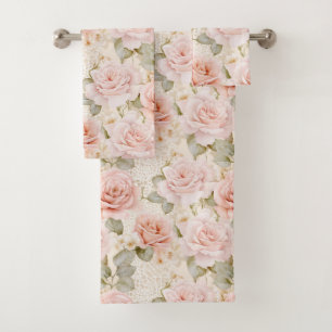 Creme-Rouge-Blassrosa-Rosen Florale Hochzeitsdusch Badhandtuch Set