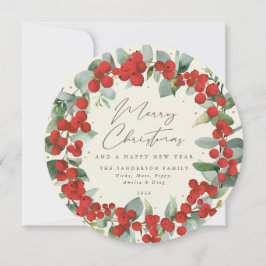 Creme Round Red Berry+Eucalyptus Holiday Wreath Feiertagskarte