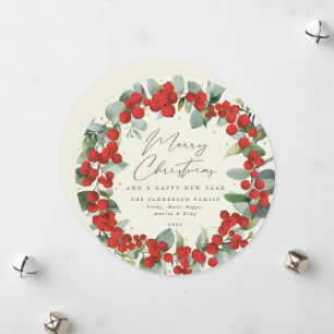 Creme Round Red Berry+Eucalyptus Holiday Wreath Feiertagskarte