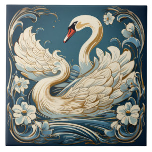 Creme-Schwan und helle Blumen auf Türkis Fliese