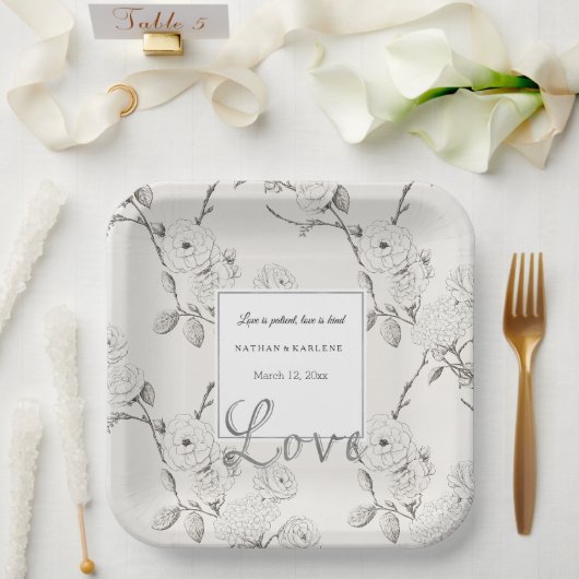 Creme Schwarze Herbstblumen Liebe Hochzeit Pappteller (Hochzeit)