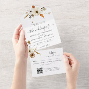 Creme-Sepia-Daisy-Herbst-Blumen-QR-RSVP-Hochzeit All In One Einladung