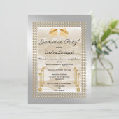 Creme Silk & Pearls Graduate Silver Metallic Einladung (Stehend Vorderseite)