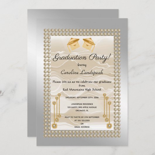 Creme Silk & Pearls Graduate Silver Metallic Einladung (Vorne/Hinten)