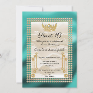 Creme Silk Sweet 16 Pearl Crown Aquamarin Blue Met Einladung