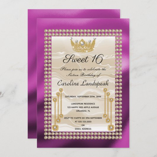 Creme Silk Sweet 16 Pearl Crown Fuchsia Metallic Einladung (Vorne/Hinten)