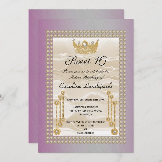 Creme Silk Sweet 16 Pearl Crown Fuchsia Metallic Einladung (Vorne/Hinten)