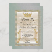Creme Silk Sweet 16 Pearl Crown Green Metallic Einladung (Vorne/Hinten)