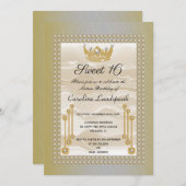 Creme Silk Sweet 16 Pearl Crown Yellow Metallic Einladung (Vorne/Hinten)