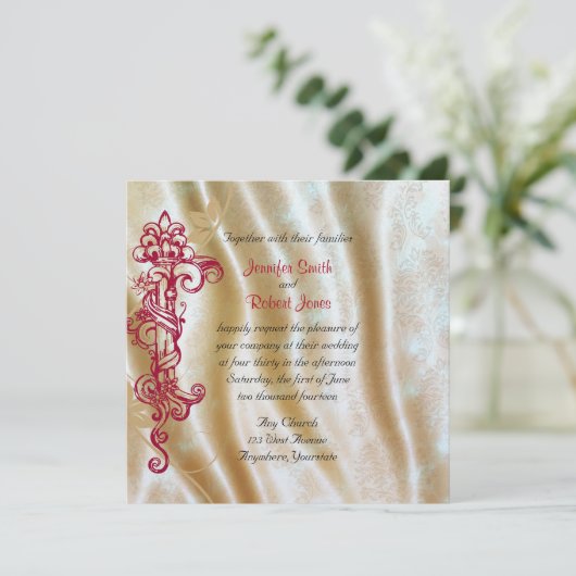 Creme Silk und Red Scroll Posh Weditation Einladung (Stehend Vorderseite)