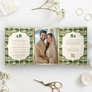 Creme Smaragdgrün Gold Elefant Indische Hochzeit Dreifach Gefaltete Einladung
