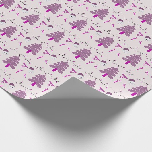 Creme Snowmen und Lila Bäume Weihnachten Geschenkpapier (Ecke)
