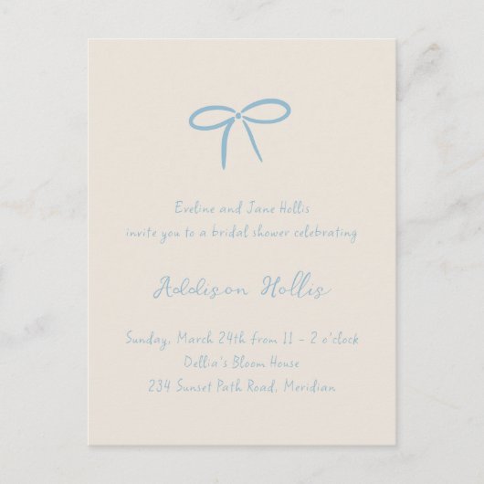 Creme Something Blue Bow Brautparty Postkarte (Vorderseite)