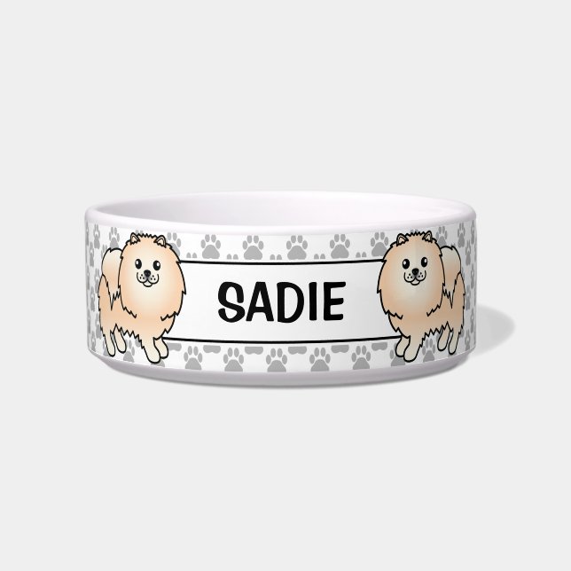 Creme Spitz Niedlich Cartoon Dog & Name Napf (Vorderseite)