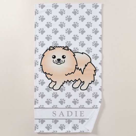 Creme Spitz Niedlich Cartoon Dog & Name Strandtuch (Vorderseite)