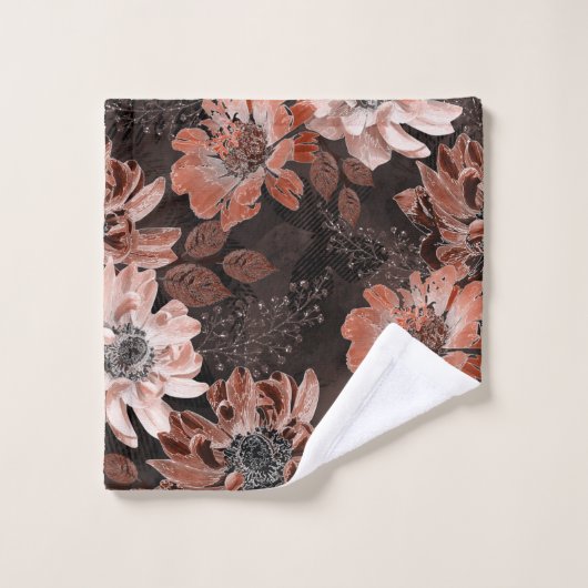 Creme, Teracote-Blume auf dunkelbraunem Hintergrun Badhandtuch Set (Waschlappen)