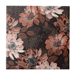 Creme, Teracote-Blume auf dunkelbraunem Hintergrun Fliese