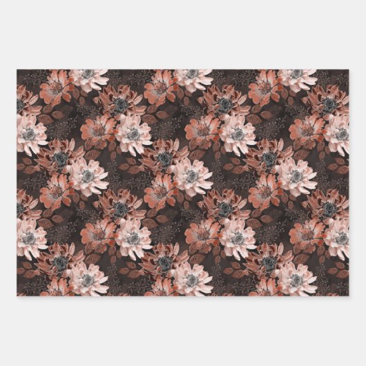 Creme, Teracote-Blume auf dunkelbraunem Hintergrun Geschenkpapier Set (Vorderseite)