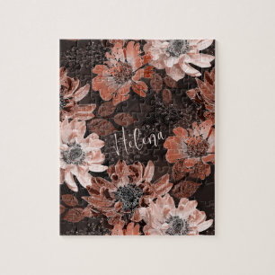 Creme, Teracote-Blume auf dunkelbraunem Hintergrun Puzzle