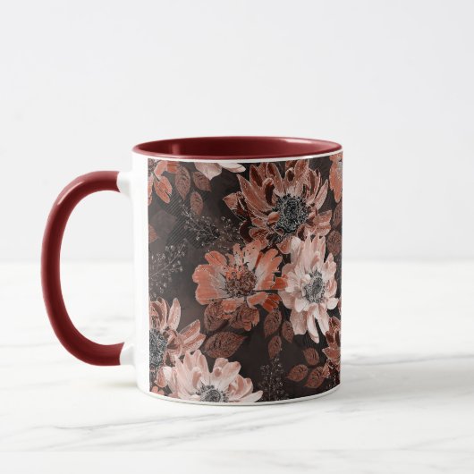 Creme, Teracote-Blume auf dunkelbraunem Hintergrun Tasse (Links)