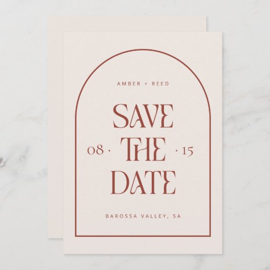 Creme & Terracotta Arch Retro Minimal Modern Schri Save The Date (Vorne/Hinten)