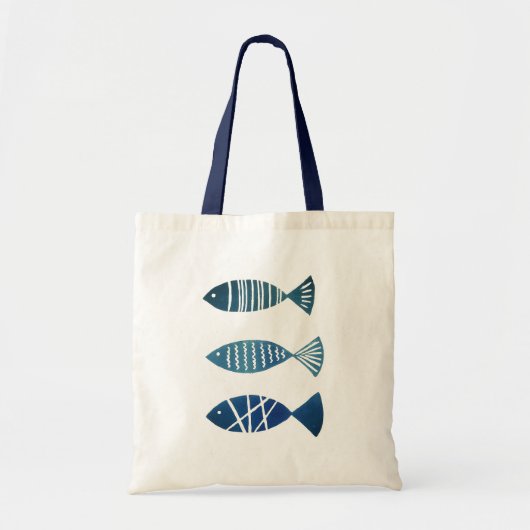 Creme Tote Tasche mit blauen Fischen (Vorne)