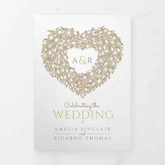 Creme tulip braune Tinte Herz-Monogramm Hochzeit Dreifach Gefaltete Einladung (Cover)