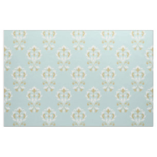 Creme u. Gold Herz-DamastRpt Ptn auf Blau Stoff