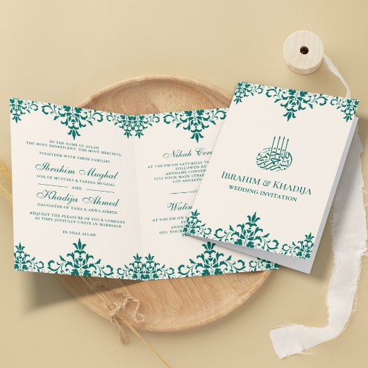 Creme und Aquamarine Damaske islamische Hochzeit Einladung