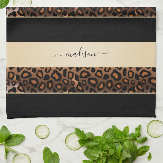 Creme und Black Leopard Animal Print Geschirrtuch (Gefaltet)