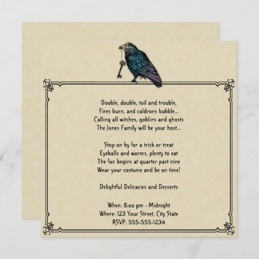 Creme und Black Raven Halloween-Party Einladung (Vorne/Hinten)