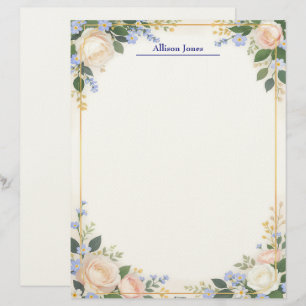 Creme- und blaue Blumenschreibwaren mit goldenem R Briefbogen
