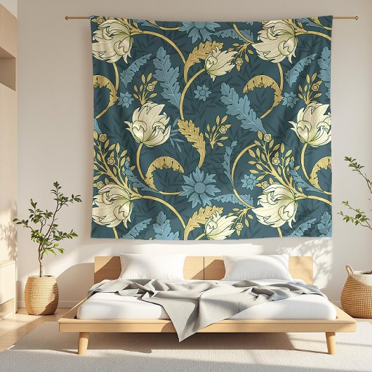 Creme und Blauer Flora Art Nouveau Fleecedecke