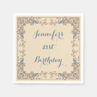 Creme und blauer Jugendstil-Blumenrand Serviette