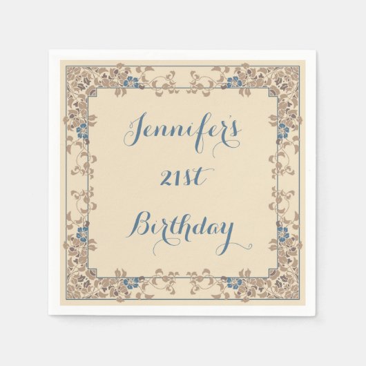 Creme und blauer Jugendstil-Blumenrand Serviette (Vorderseite)