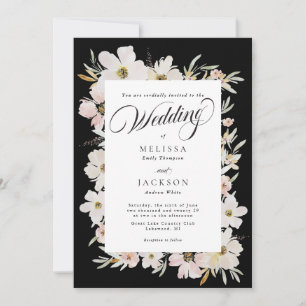Creme und Blush Wasserfarbe Blume Hochzeit Schwarz Einladung