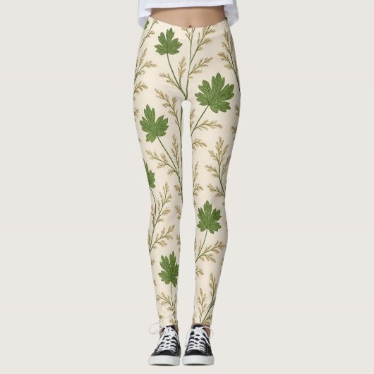 Creme und dunkelgrüne Blätter Leggings (Vorderseite)
