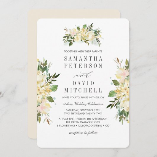 Creme und Elfenbein | Botanische Chic Floral Weddi Einladung (Vorne/Hinten)