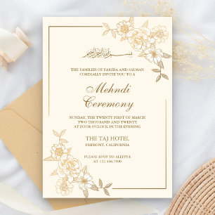 Creme- und Gold-Blumen-Blatt-Zweig Muslim Mehndi Einladung