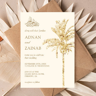 Creme- und Gold-Glitter-Dattelpalmen-Muslim-Hochze Einladung