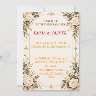 Creme- und Gold-Hochzeitseinladung im Vintage-Rose Einladung