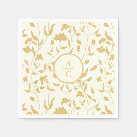 Creme und Gold Wedding Monogram Floral Serviette (Vorderseite)
