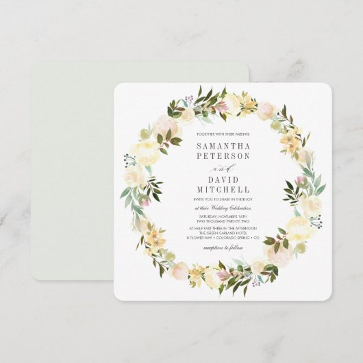 Creme und Grau | Botanische Garland-Hochzeit Einladung (Vorne/Hinten)