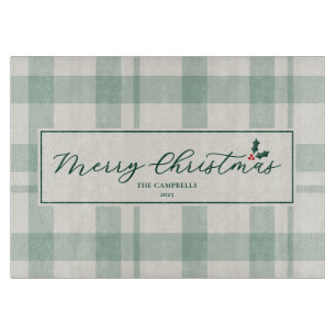Creme- und grün karierter Merry Christmas Schriftz Schneidebrett
